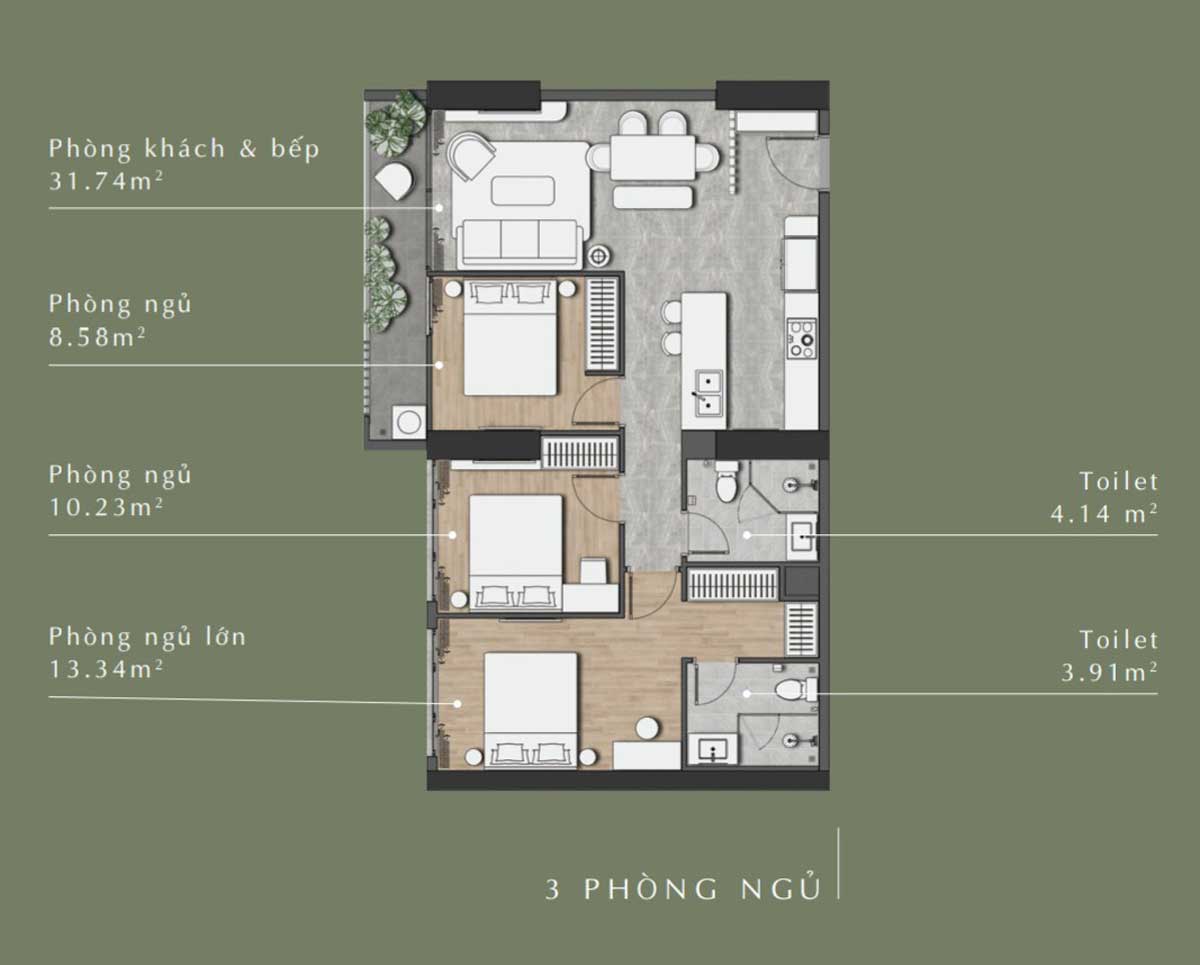 Thiết kế căn hộ 3 Phòng Ngủ